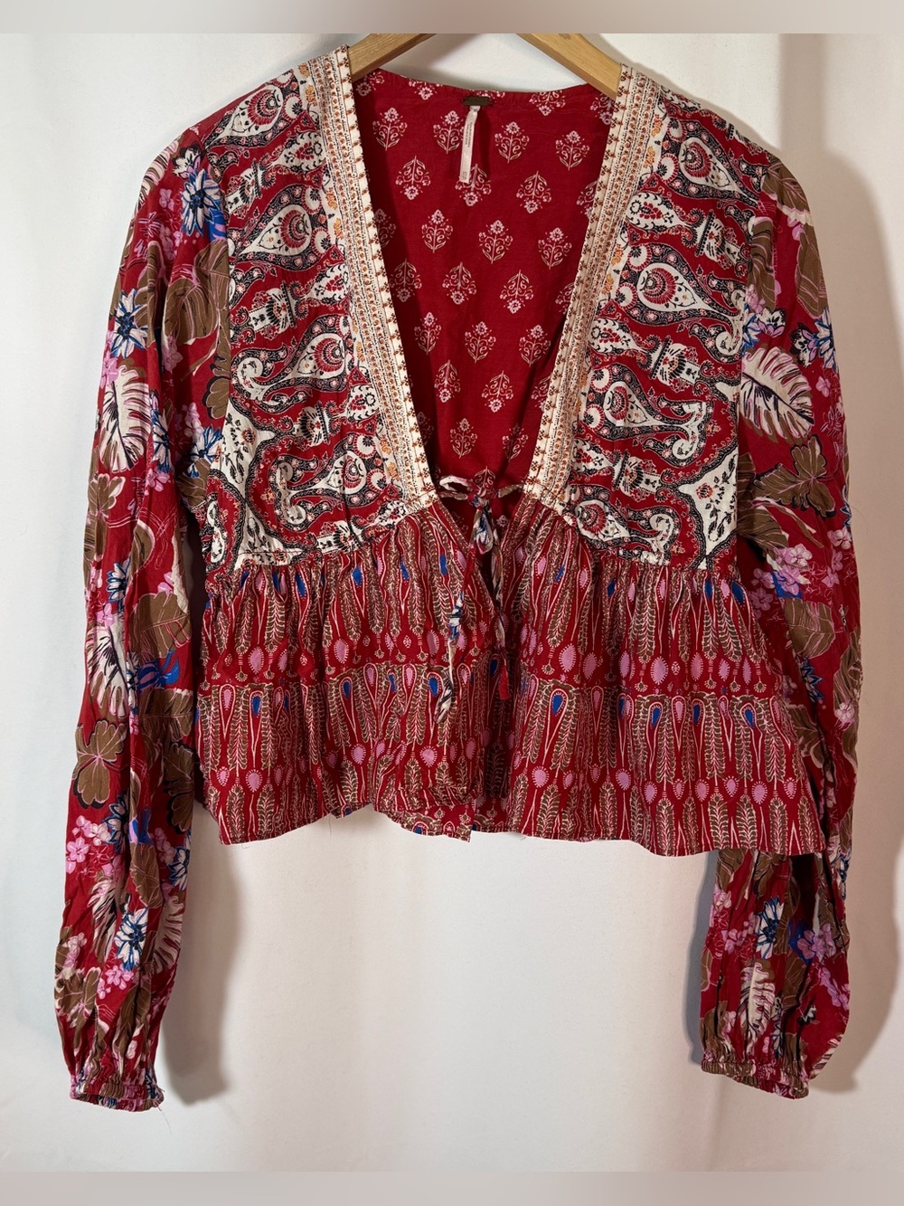 Free People Red Paisley Tie-Front Boho Blouse
